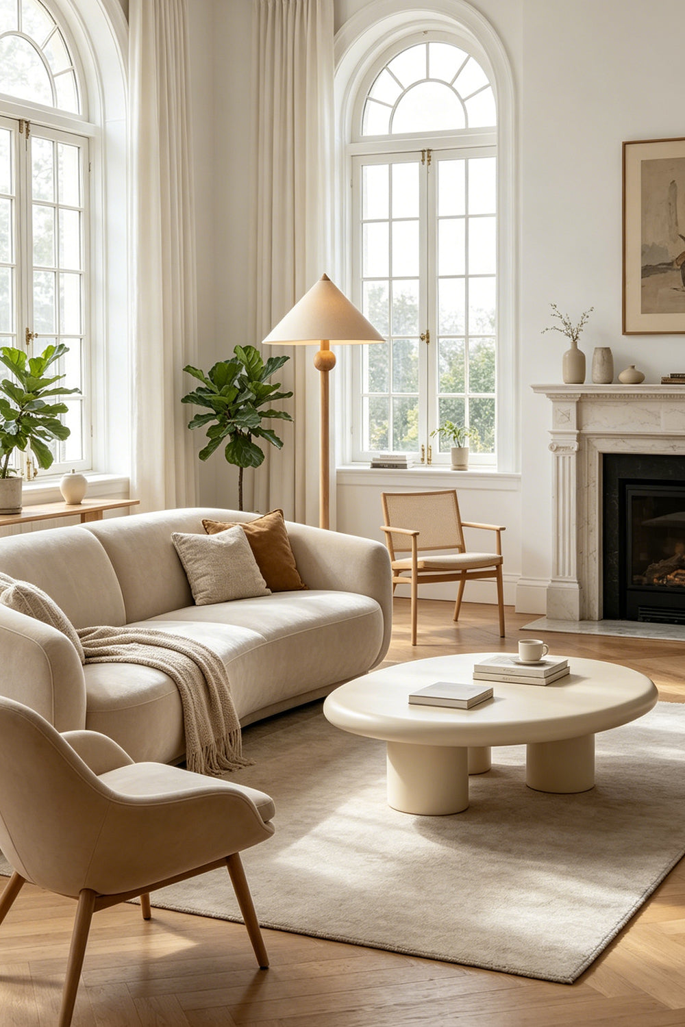 Sphaerica Lignum Wood Floor Lamp | Metal, Wood, Fabric | Featured in a spacious living room with a fireplace, large windows, and arched architecture | Samu Lamp
