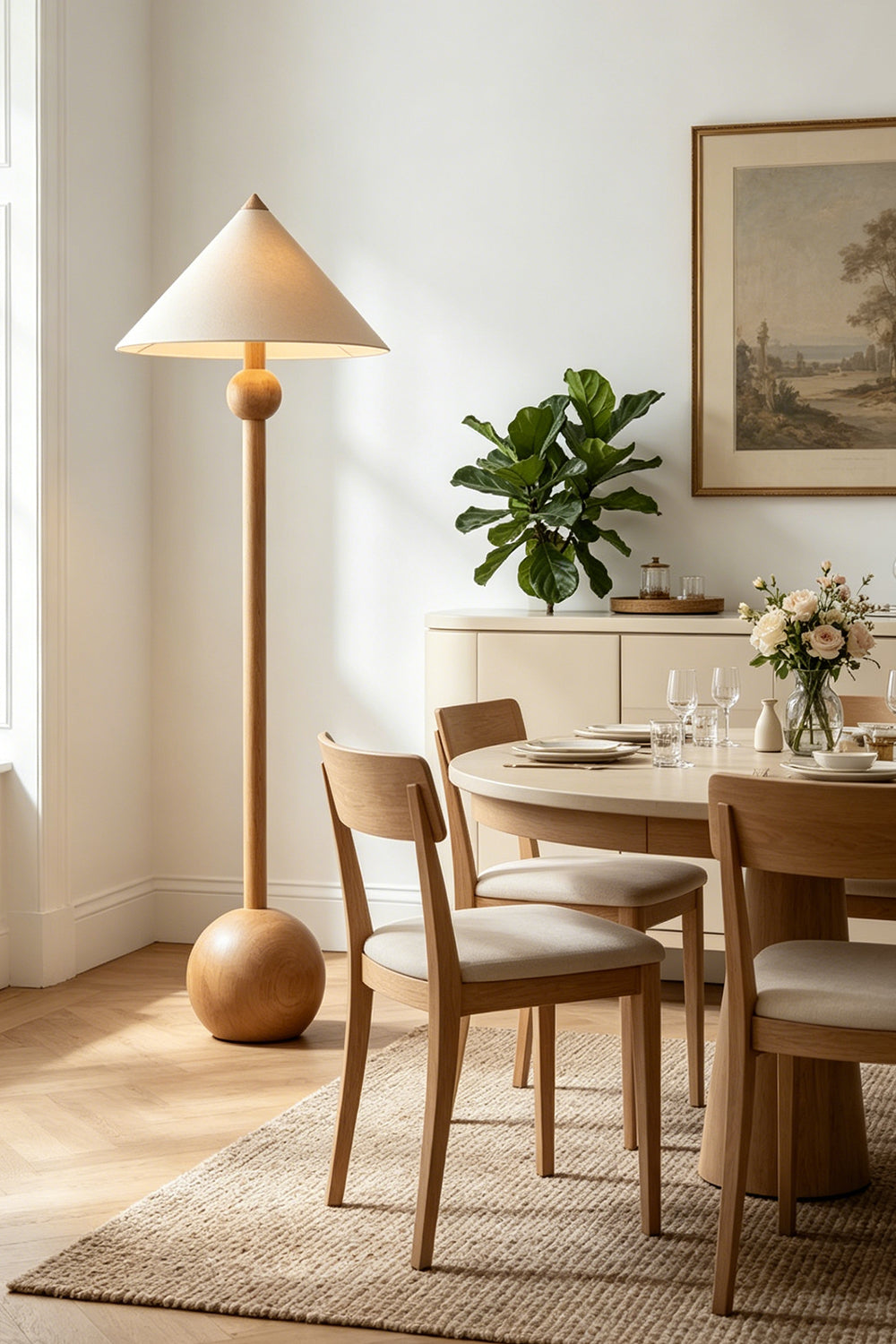 Sphaerica Lignum Wood Floor Lamp | Metal, Wood, Fabric | Standing beside a modern dining set in a bright, sunlit room with neutral tones | Samu Lamp