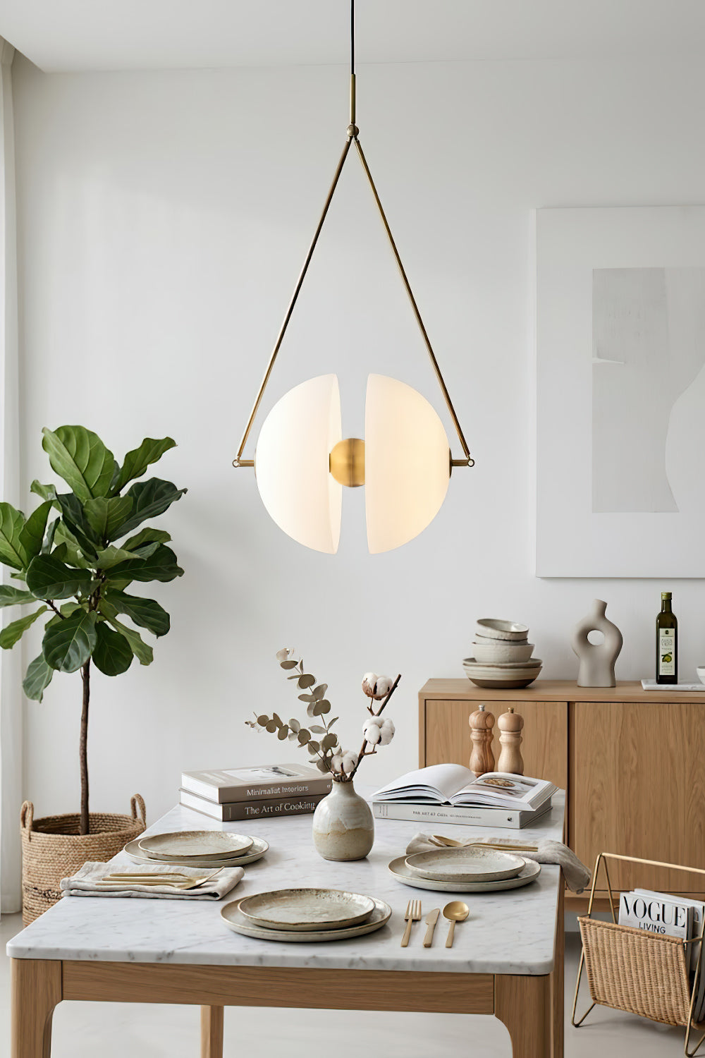 White oyster glass pendant lighting | Metal, Glass | Close-up scene over a set dining table | Samu Lamp
