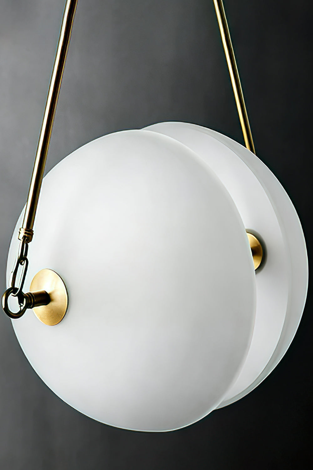 Low-angle close-up of split glass hemispheres | Glass, Metal | Showing the matte white finish and central rod | Samu Lamp
