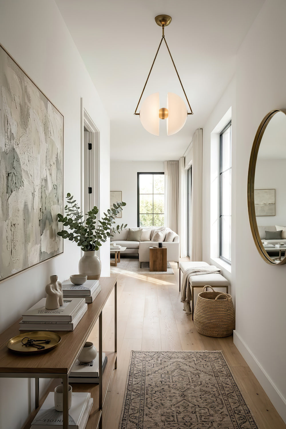 Modern oyster glass pendant lamp | Metal, Glass | Installed in a bright hallway over a console table | Samu Lamp