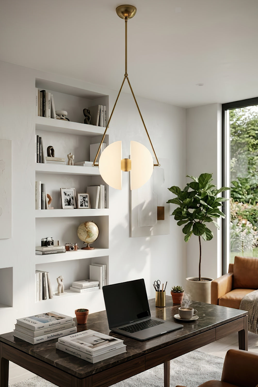 Minimalist split hemisphere glass light | Metal, Glass | Hanging in a home office over a dark wooden desk | Samu Lamp