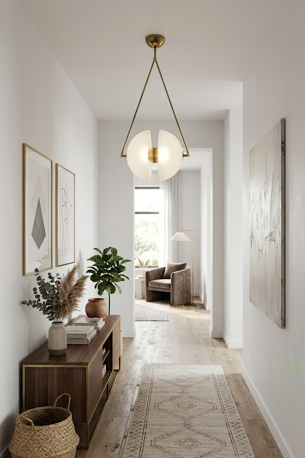 Elegant white glass hemisphere pendant | Metal, Glass | Perspective view in a minimalist corridor | Samu Lamp
