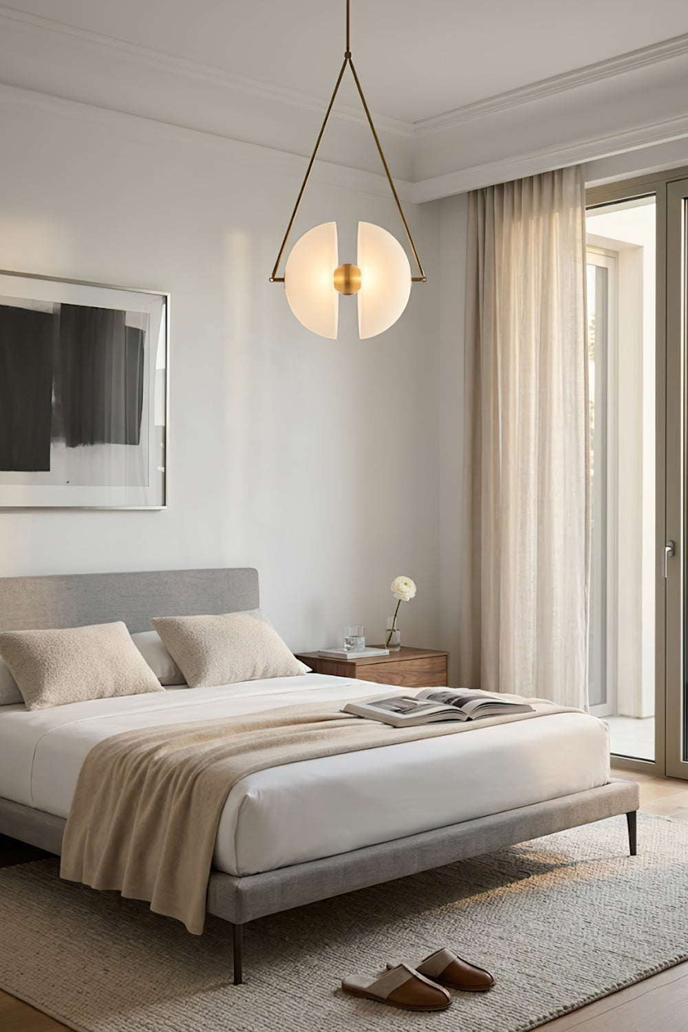 White glass sphere pendant light | Metal, Glass | Installed in a serene bedroom above a gray bed | Samu Lamp