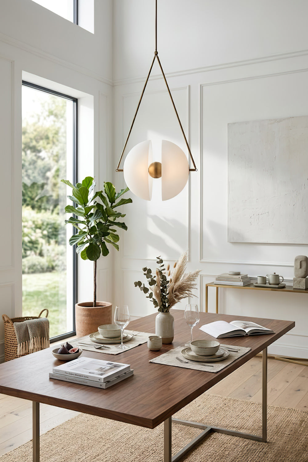 Oyster glass hemisphere chandelier | Metal, Glass | Over a wooden dining table in a bright room | Samu Lamp