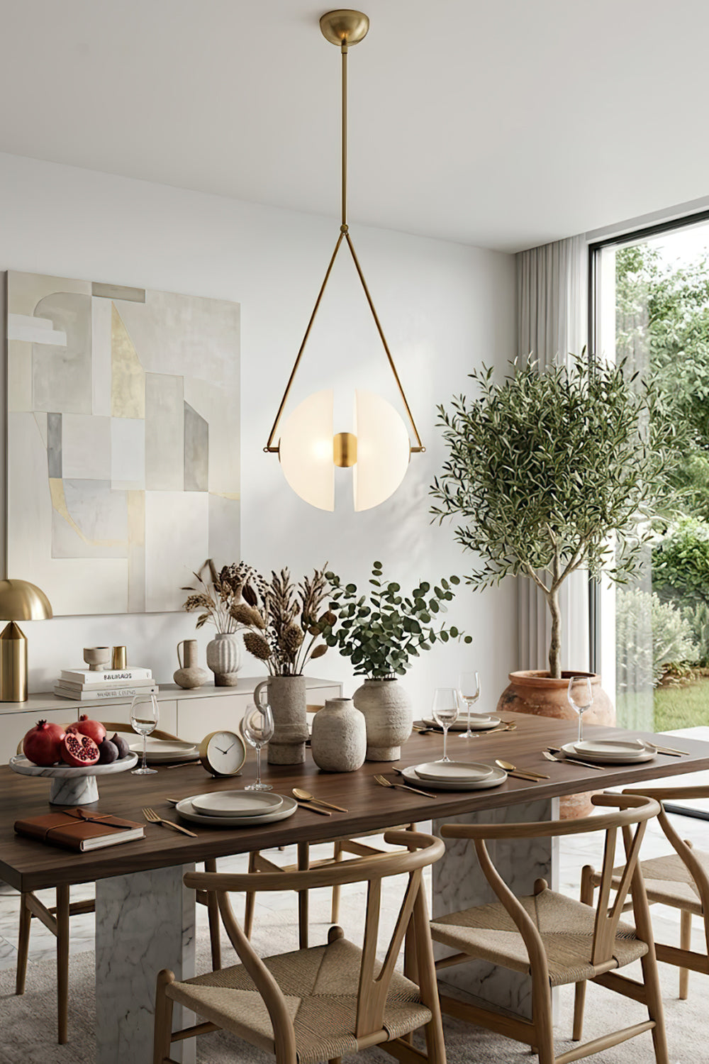 Modern split hemisphere pendant light | Metal, Glass | Dining area scene with plants and natural light | Samu Lamp