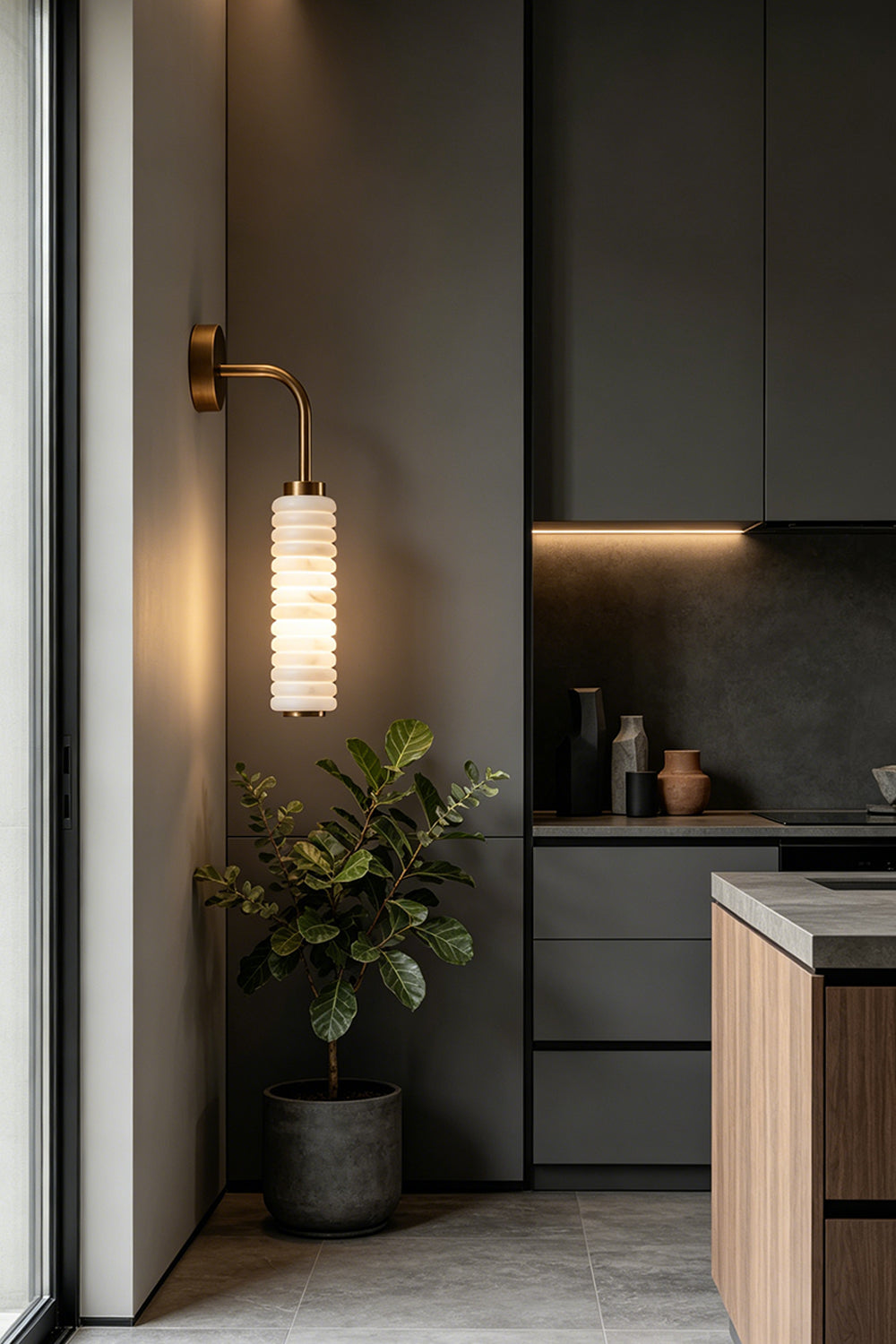 Stacked Strata Alabaster Wall Lamp | Metal, Alabaster | Lit lamp in minimal home corridor or entry | Samu Lamp