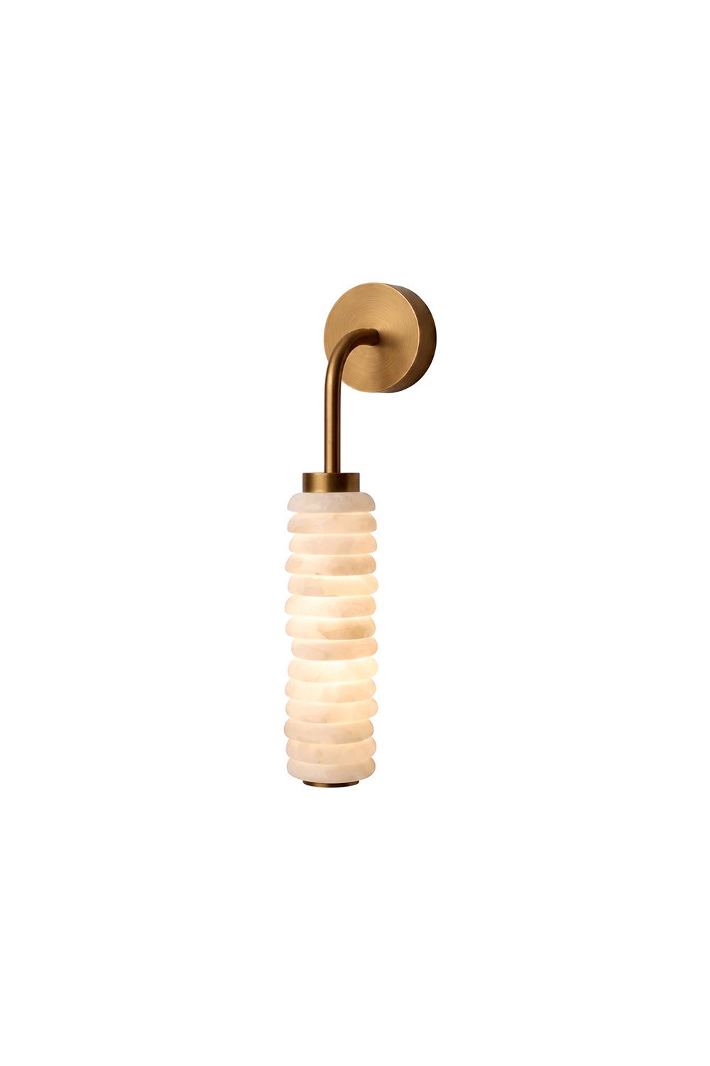 Stacked Strata Alabaster Wall Lamp | Metal, Alabaster | Lit, round brass backplate, cylindrical stacked alabaster shade | Isolated product shot | Samu Lamp
