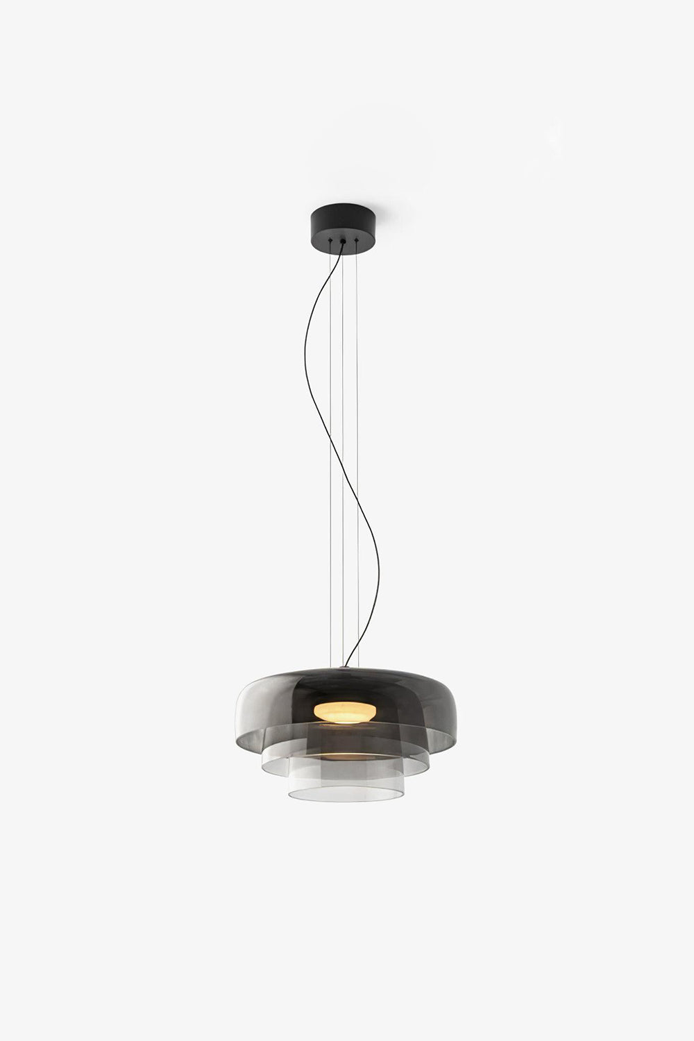 Stratum Layered Glass Pendant Light | Glass, Metal | Full view of the lit smoky grey layered glass pendant variant | Isolated product shot | Samu Lamp
