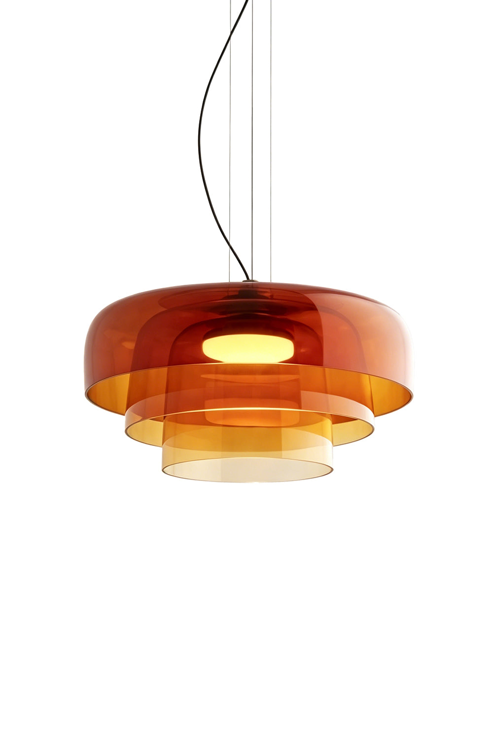 Stratum Layered Glass Pendant Light | Glass, Metal | Three-tiered retro-inspired pendant light with orange and amber translucent glass shades and a warm central glow | Isolated lit product shot on white background | Samu Lamp
