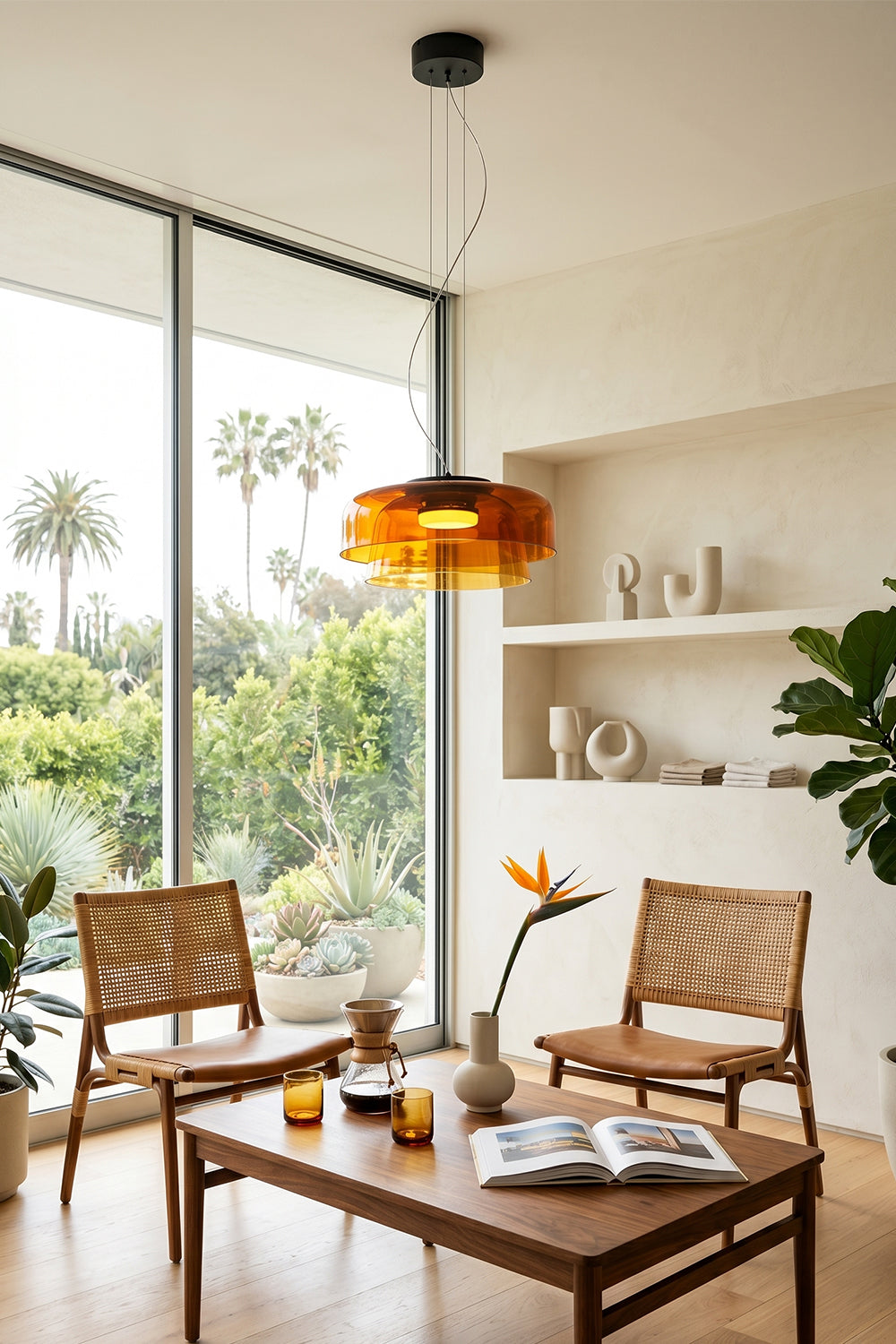 Stratum Layered Glass Pendant Light | Glass, Metal | Orange variant adding a retro touch over a wooden coffee table and rattan chairs near a glass patio door | Samu Lamp