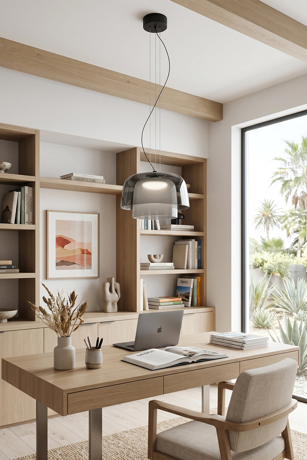 Stratum Layered Glass Pendant Light | Glass, Metal | Smoky grey variant providing sleek ambient lighting over a wooden executive desk in a modern study | Samu Lamp