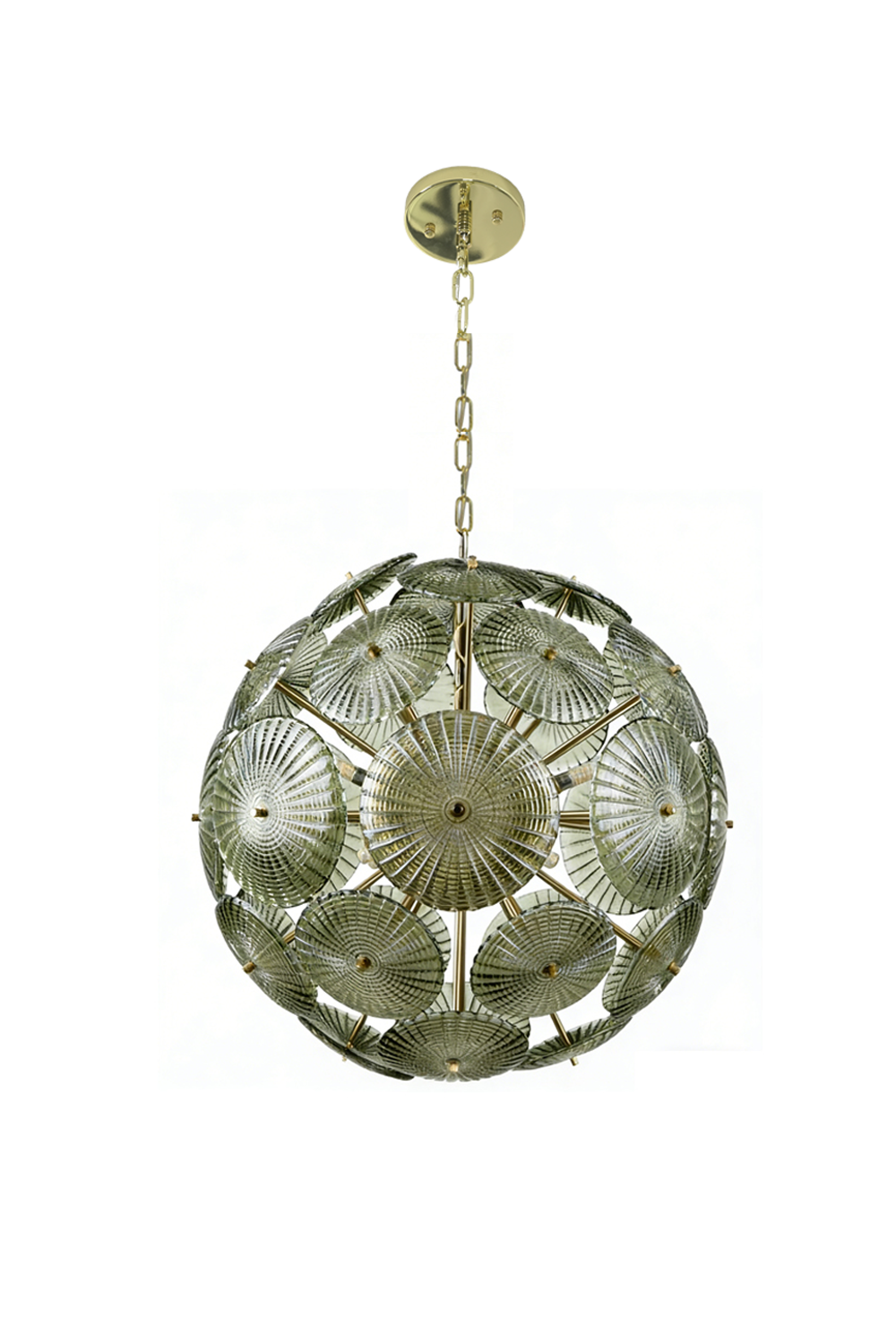 Lit spherical sunburst glass disc chandelier | Metal, Glass | Full front product shot | Samu Lighting