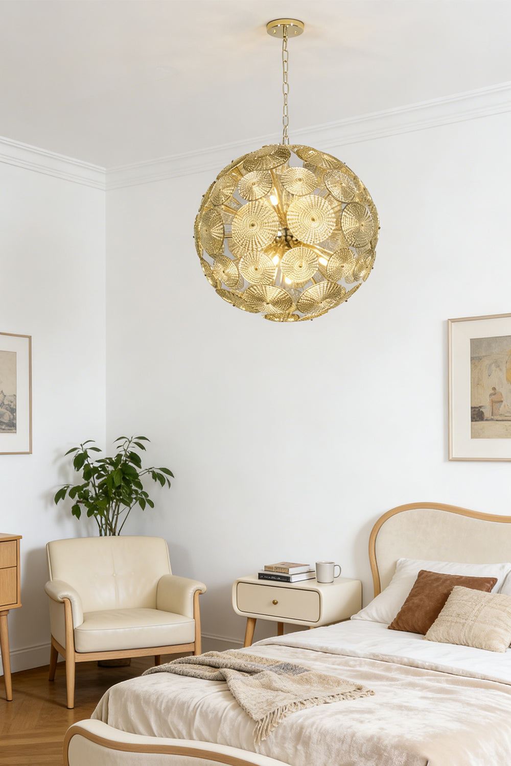 Lit spherical glass pendant light | Metal, Glass | Installed in a classic bedroom over a bed | Samu Lighting