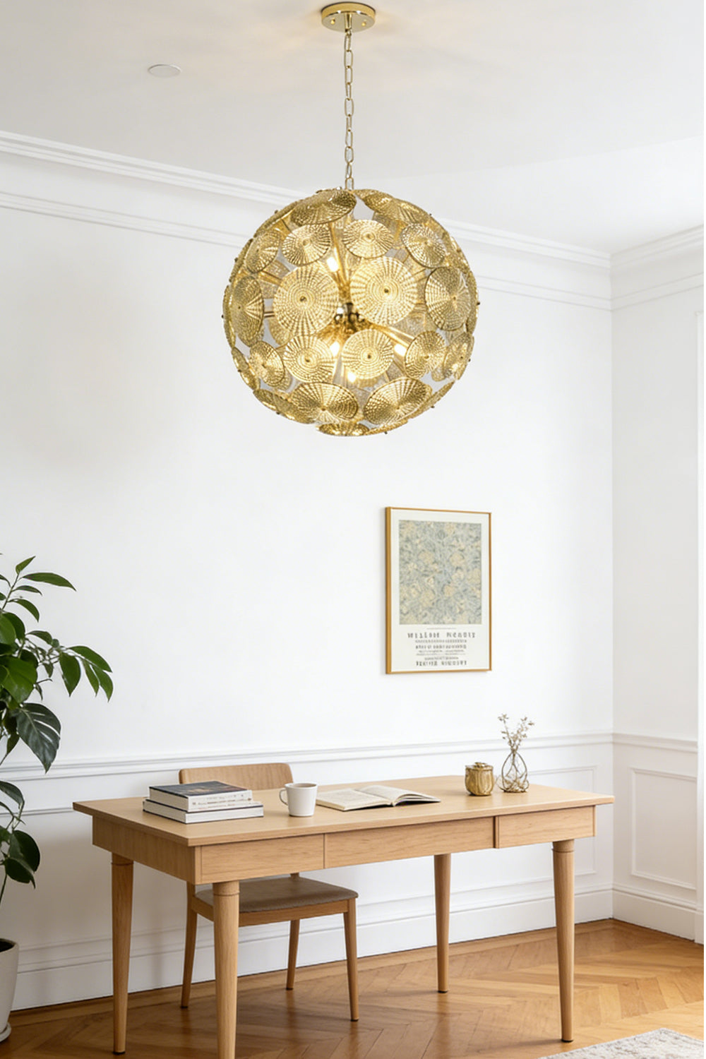 Lit mod-century spherical glass light | Metal, Glass | Installed in a classic home office above a desk | Samu Lighting