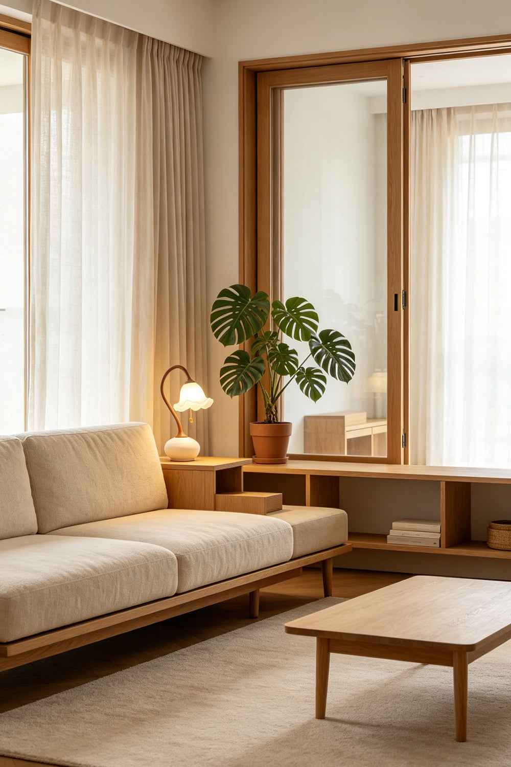Lily-shaped table lamp on a side table next to a sofa | Resin, Glass | Samu Lamp