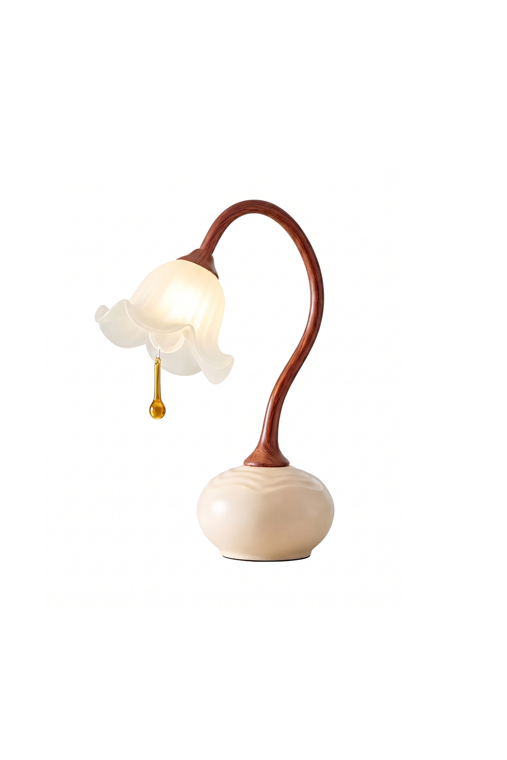 Lit Sylva Bloom wood table lamp with lily glass shade | Resin, Glass | Samu Lamp