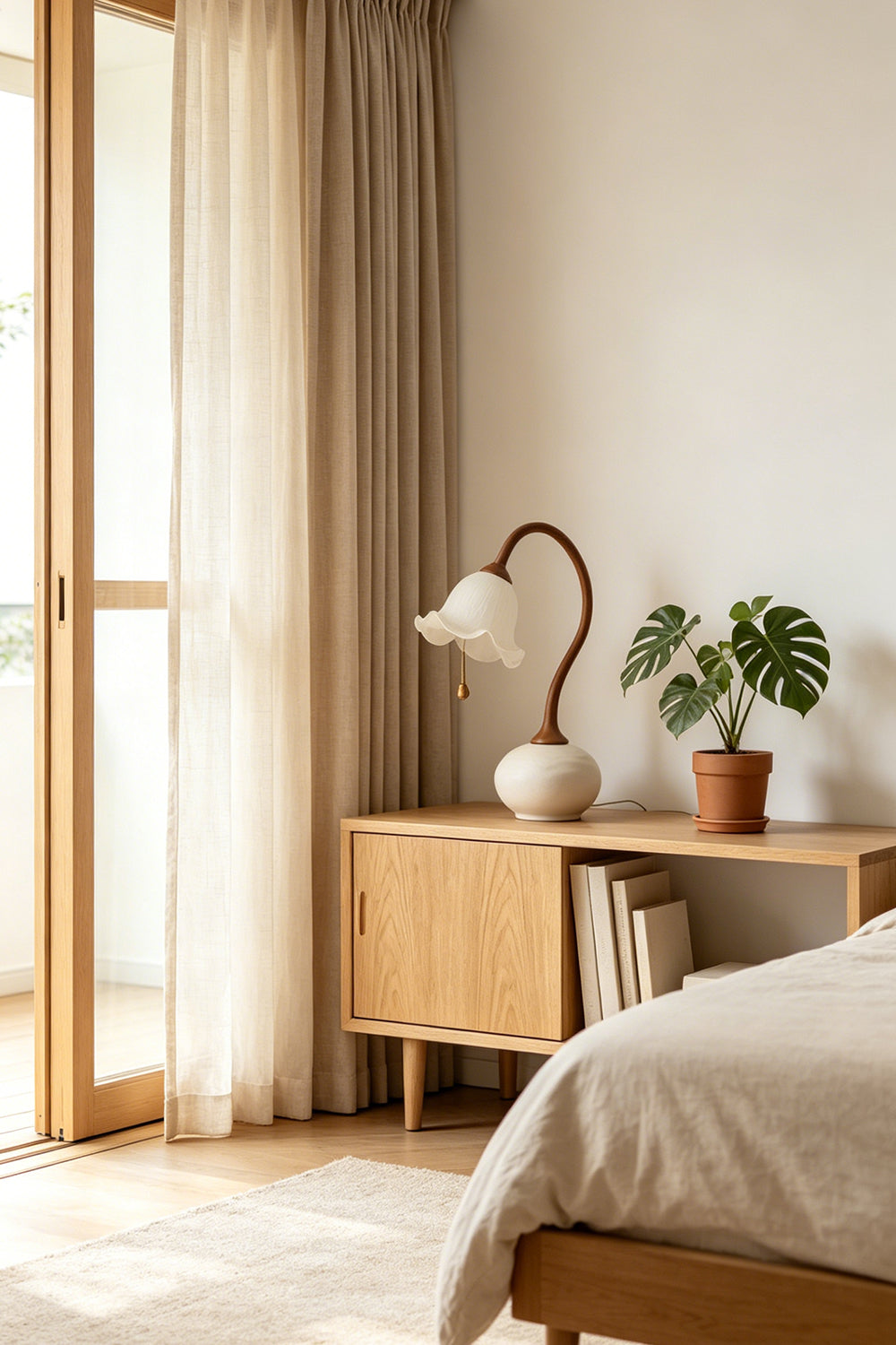 Sylva Bloom lamp on a bedroom sideboard next to a bed | Resin, Glass | Samu Lamp