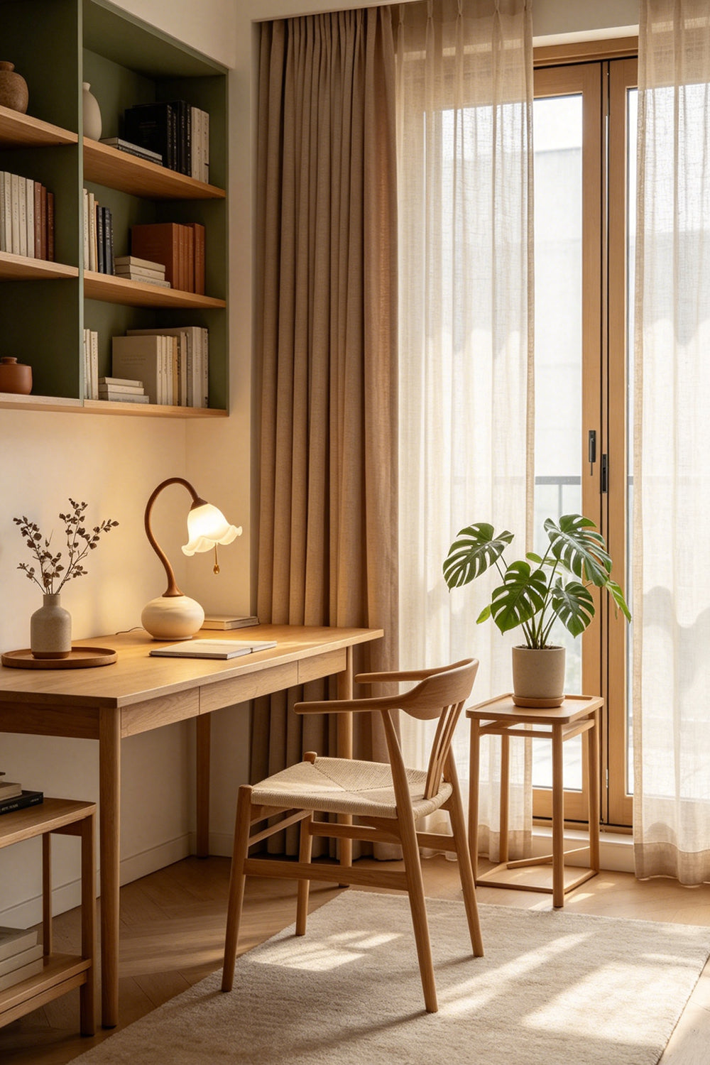 Sylva Bloom lamp on a wooden desk in a bright study | Resin, Glass | Samu Lamp