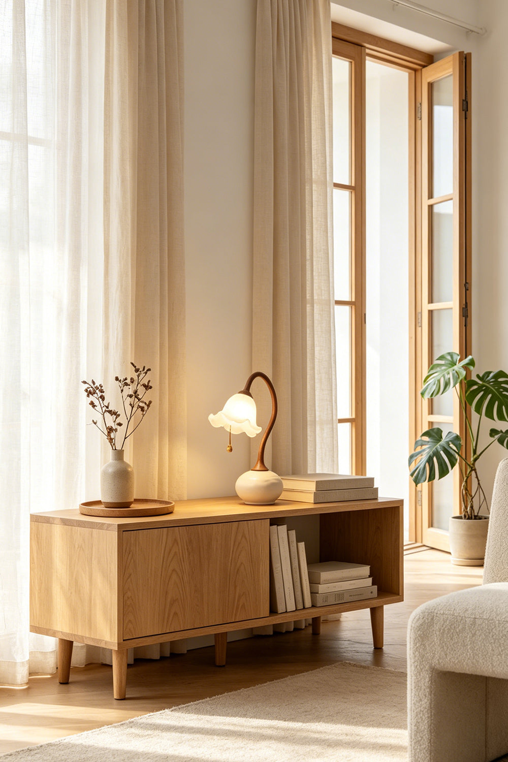 White glass flower lamp on a low wooden cabinet | Resin, Glass | Samu Lamp