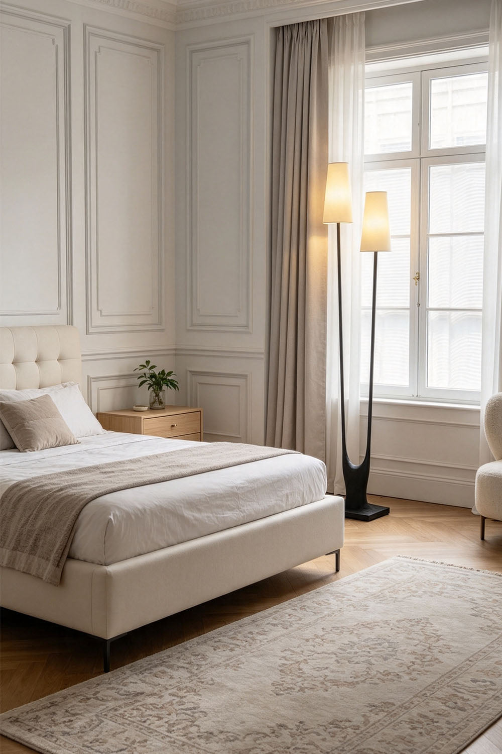 Stylish bedroom featuring the Sylva Branching Linen Shade Floor Lamp beside a bed and large window.