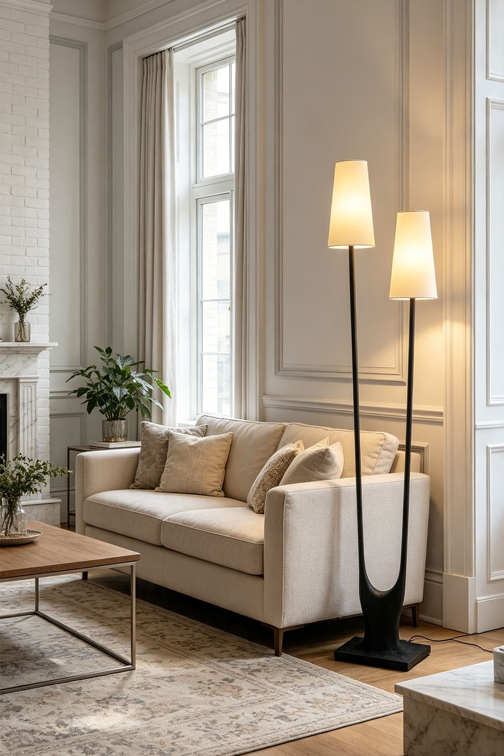 Stylish living room featuring a Sylva Branching Linen Shade Floor Lamp beside a cozy sofa and decorative plants.