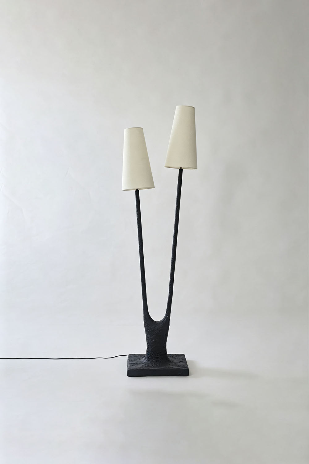 Sylva Branching Linen Shade Floor Lamp with two cream shades and a dark base.