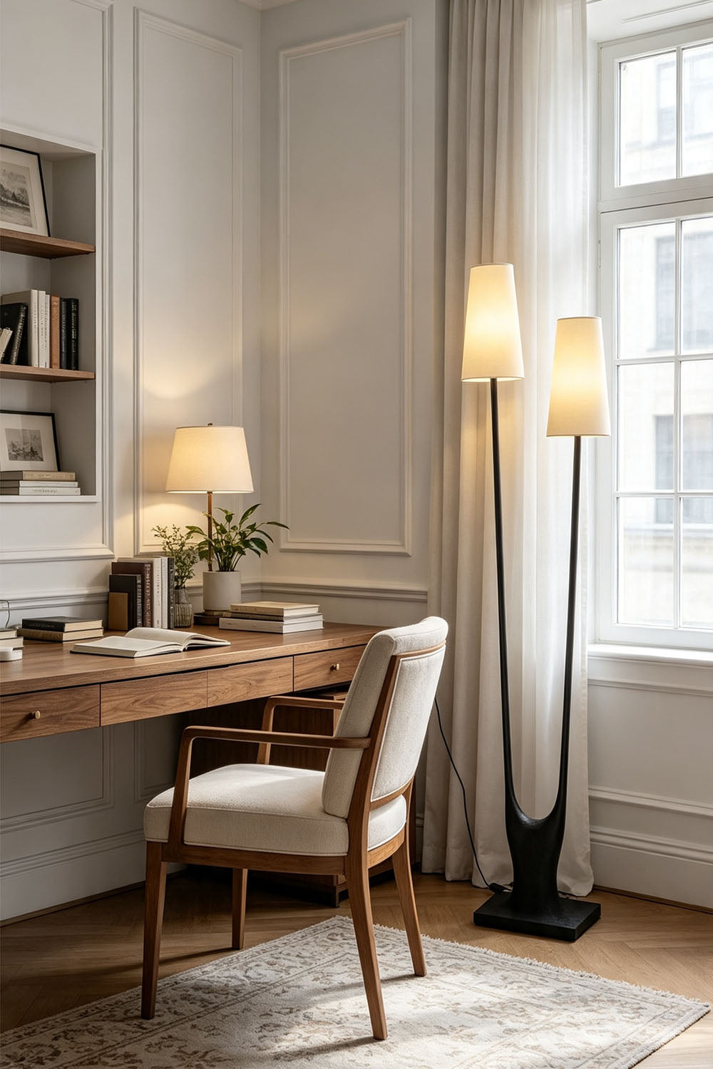 Sylva Branching Linen Shade Floor Lamp illuminating a cozy home office space with wooden desk and chair.