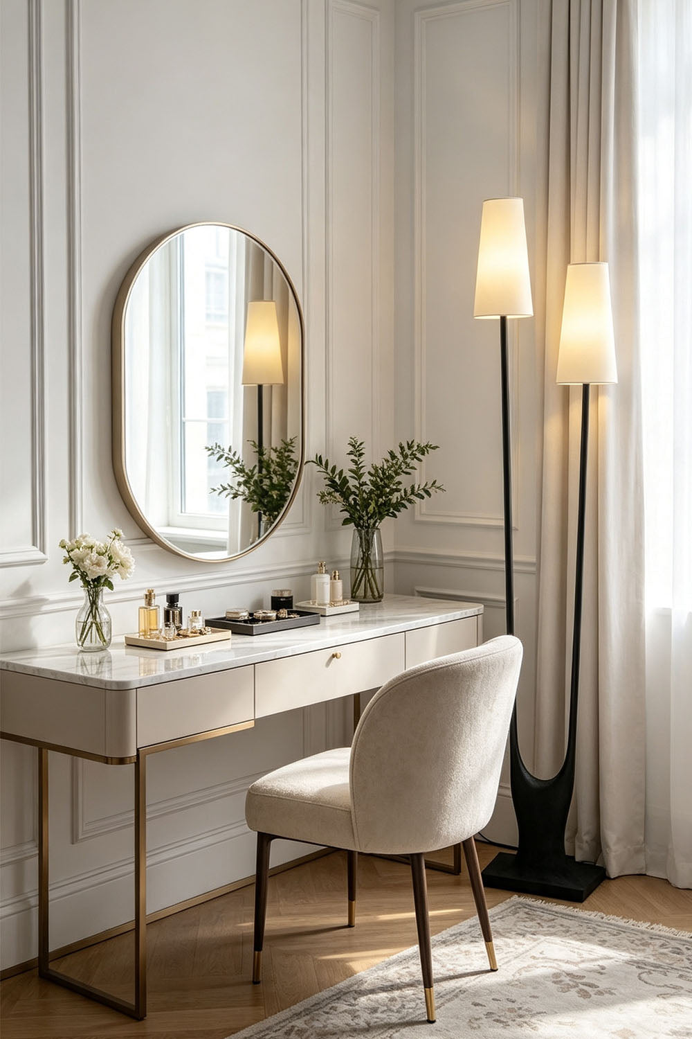 Sylva Branching Linen Shade Floor Lamp beside a stylish vanity with a round mirror and a chic chair.