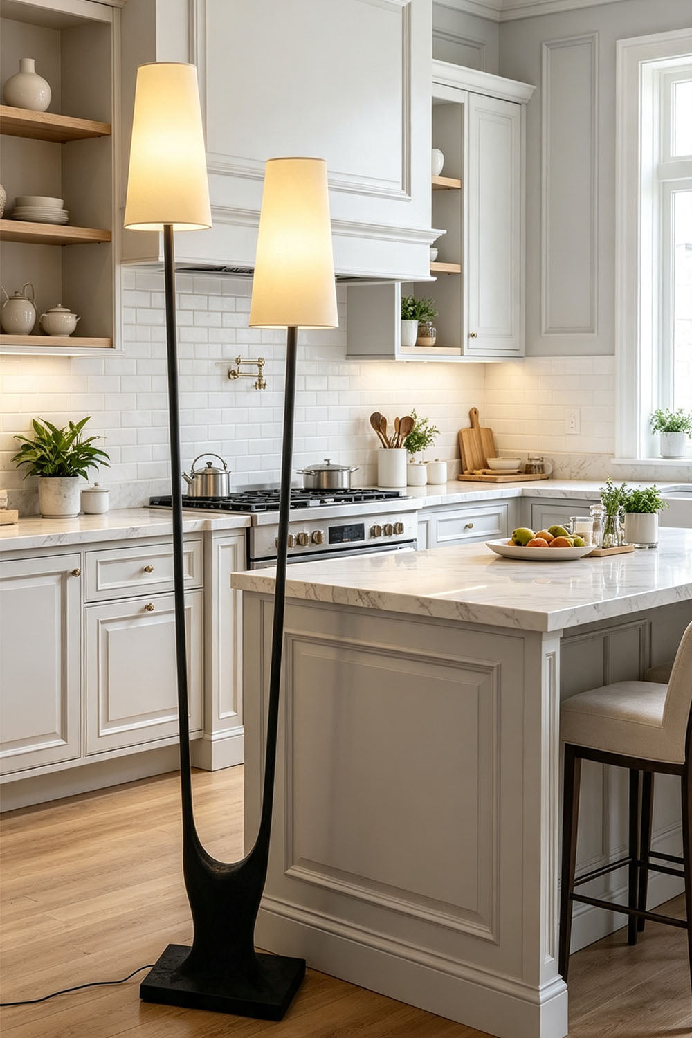 Sylva Branching Linen Shade Floor Lamp in a modern kitchen setting with white cabinetry and a marble island.
