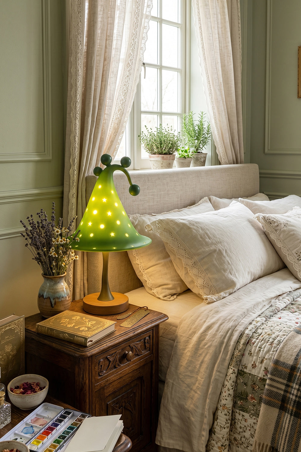 Sylvan Astral Resin Table Lamp | Blue star pattern shade | Lit close-up | Detail of glowing stars | Resin material texture | Samu Lamp