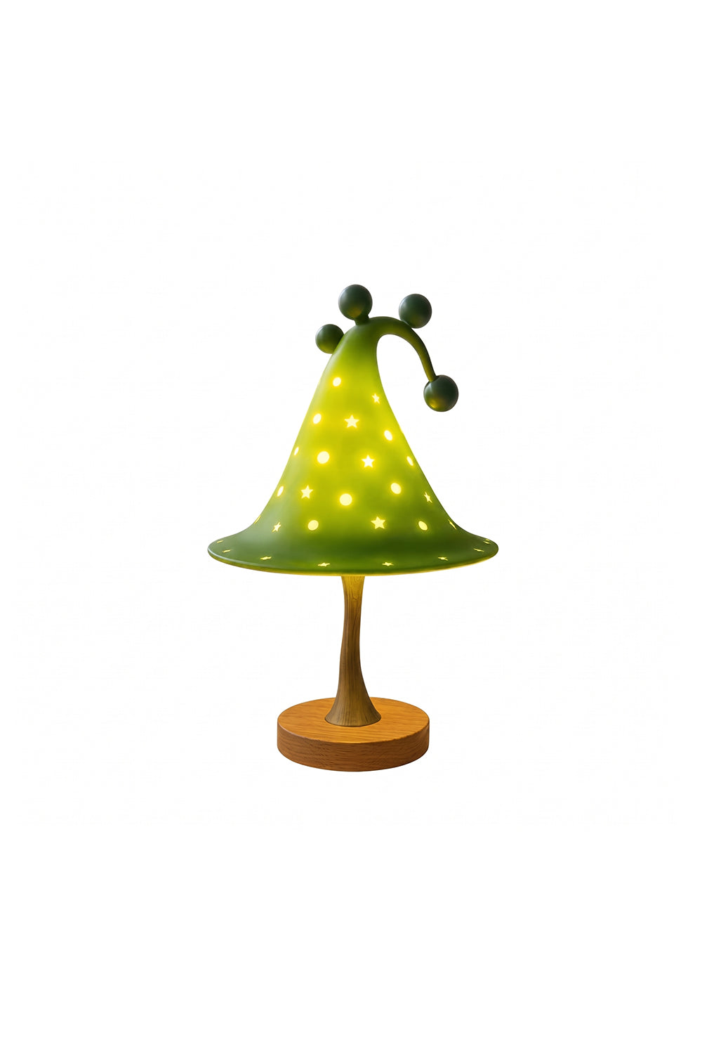 Sylvan Astral Resin Table Lamp | Green star pattern shade | Lit product shot | Standard wood-look base | Isolated white background | Samu Lamp
