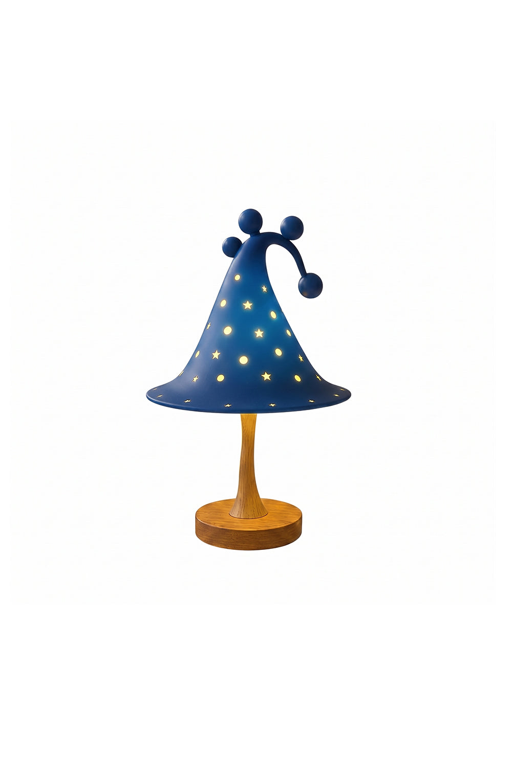 Sylvan Astral Resin Table Lamp | Blue star pattern shade | Unlit product shot | Dark blue finish | Wood-look base | Isolated white background | Samu Lamp