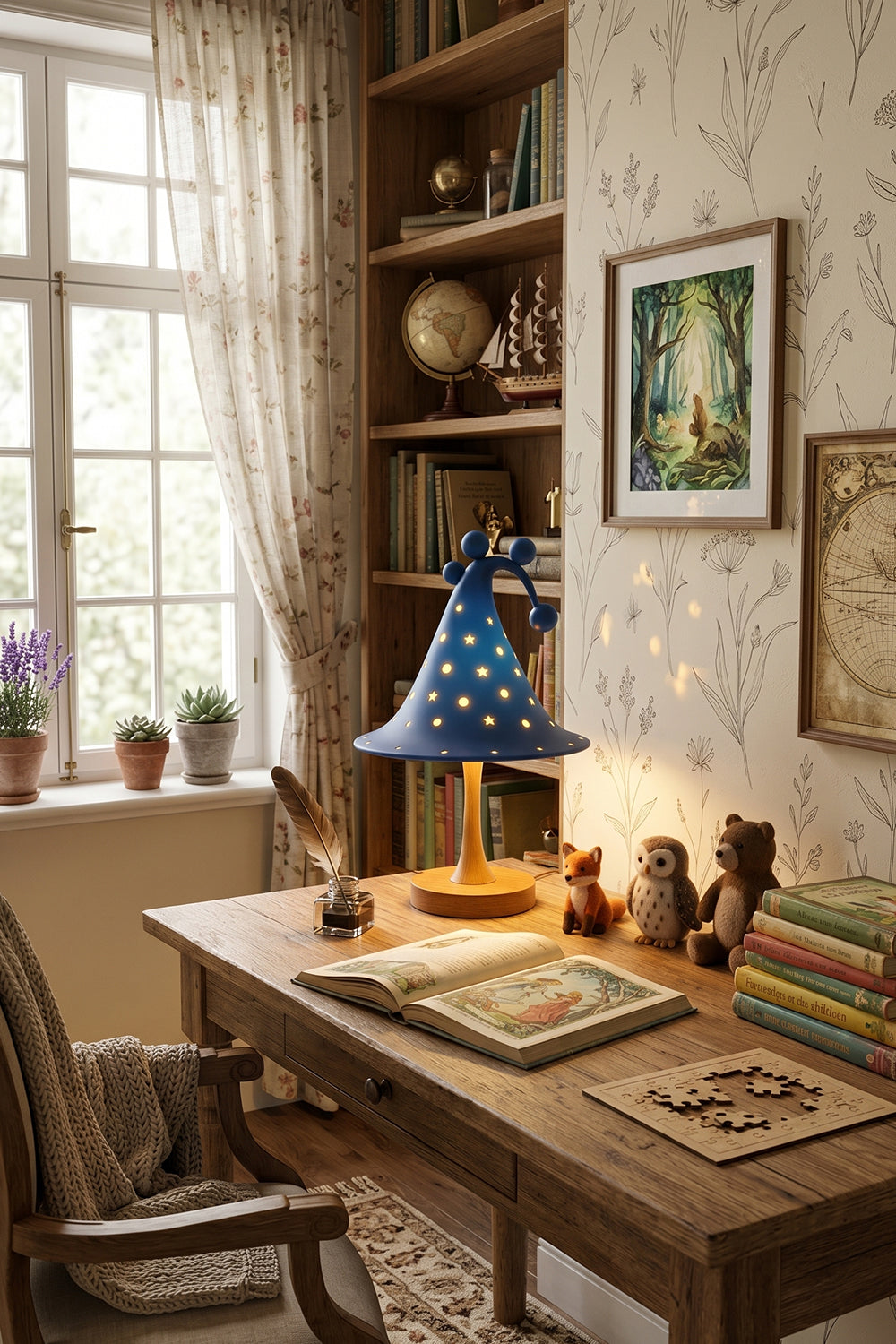 Sylvan Astral Resin Table Lamp | Blue star pattern shade | Lit close-up | Detail of glowing stars | Resin material texture | Samu Lamp