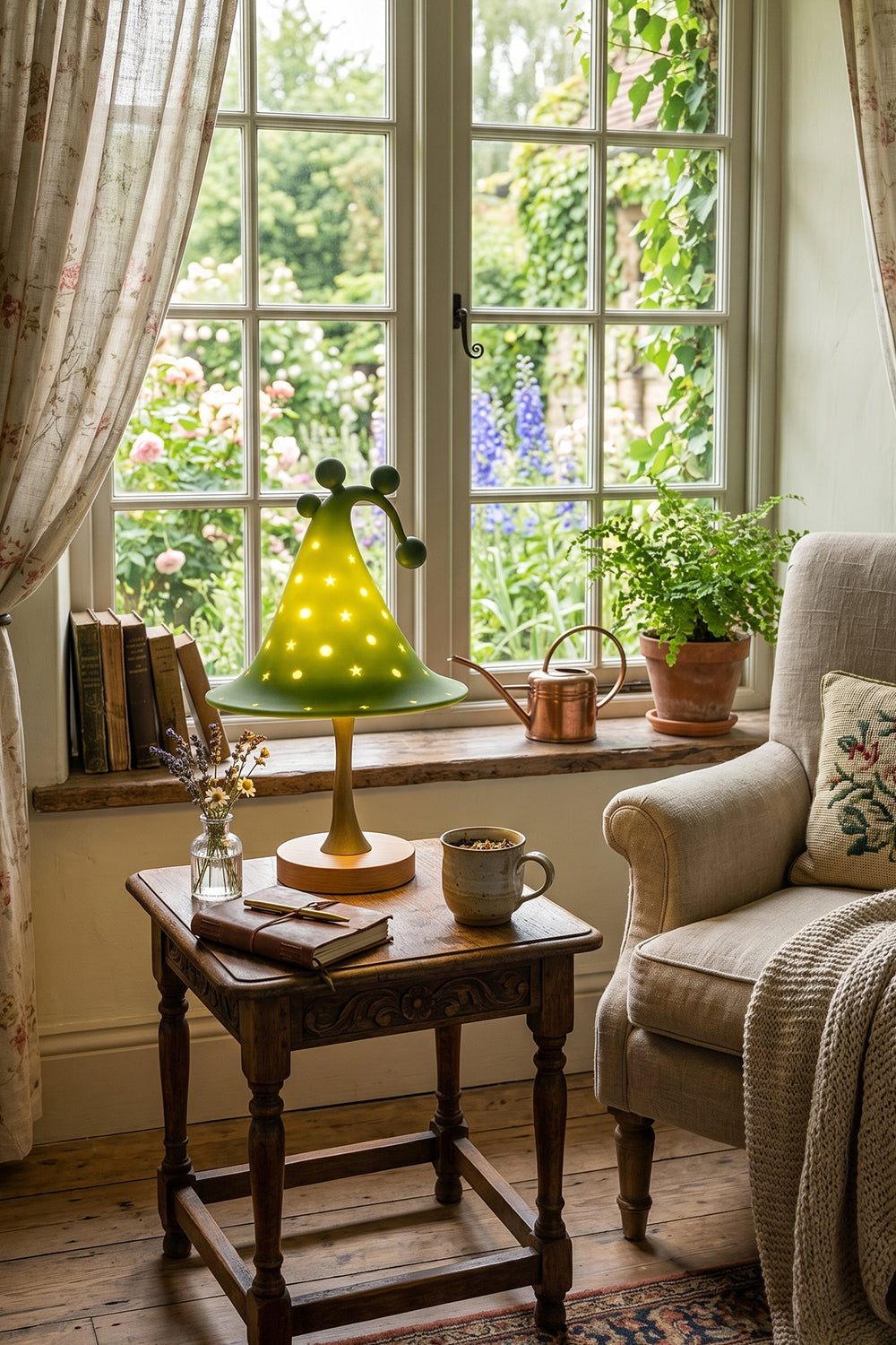 Sylvan Astral Resin Table Lamp | Green star pattern shade | Lit living room scene | Sunny window side table | Next to armchair | Samu Lamp