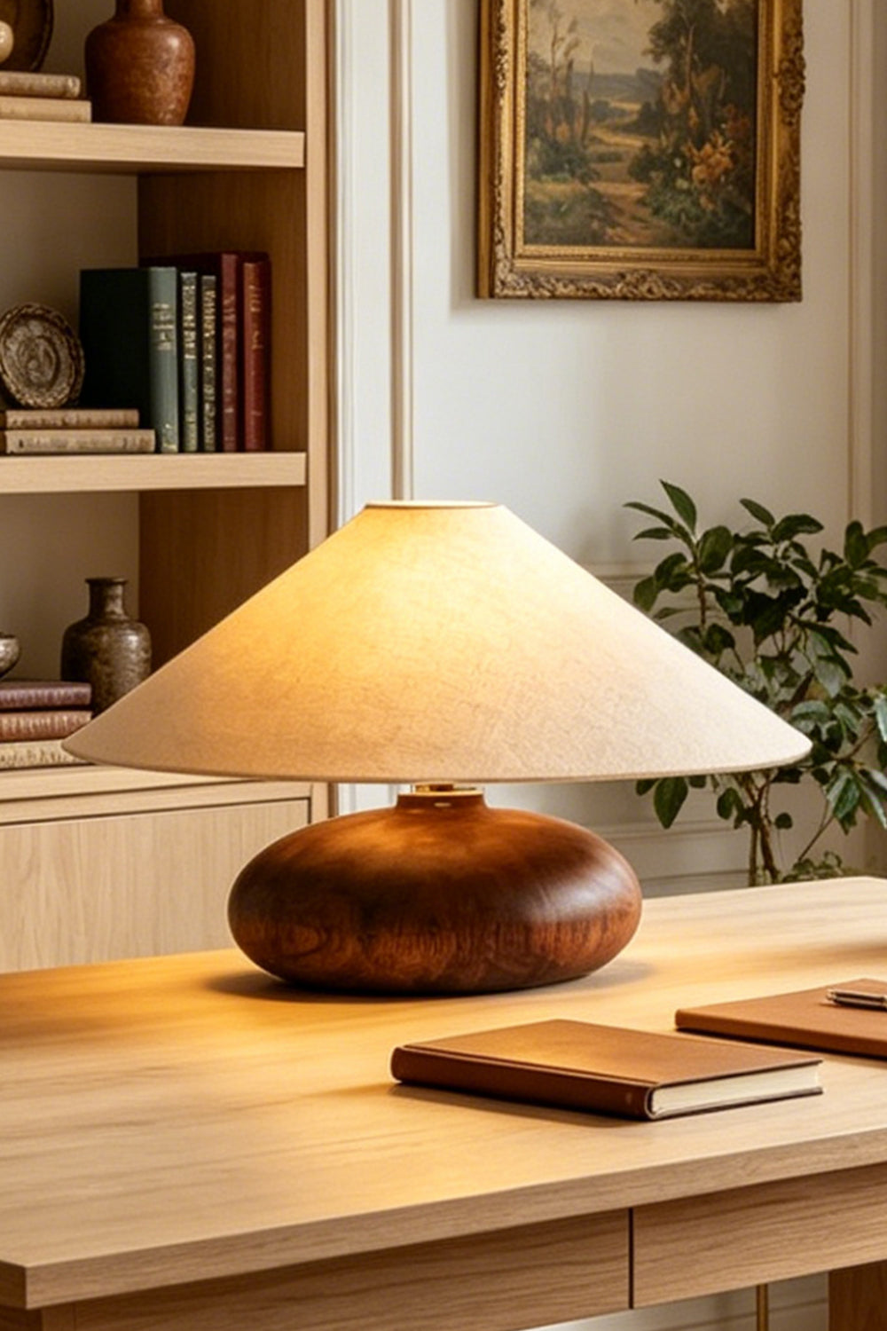 Sylvan Oval Walnut Table Lamp | Wood, Fabric, Metal | Sitting on a wooden writing desk next to a notebook, casting soft warm light | Samu Lamp