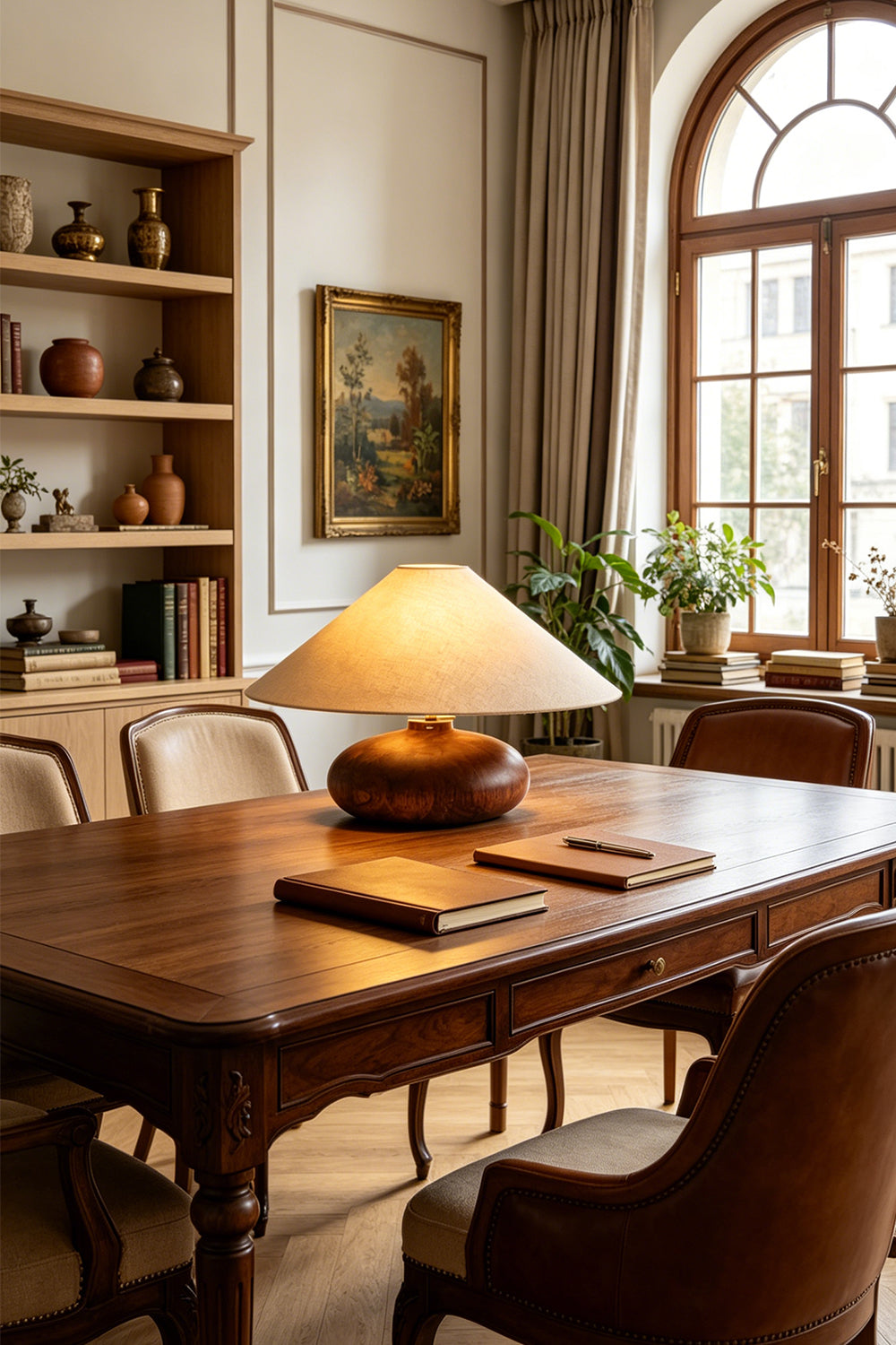 Sylvan Oval Walnut Table Lamp | Wood, Fabric, Metal | Centered on a long dark wood table in an elegant dining room with a built-in bookshelf | Samu Lamp