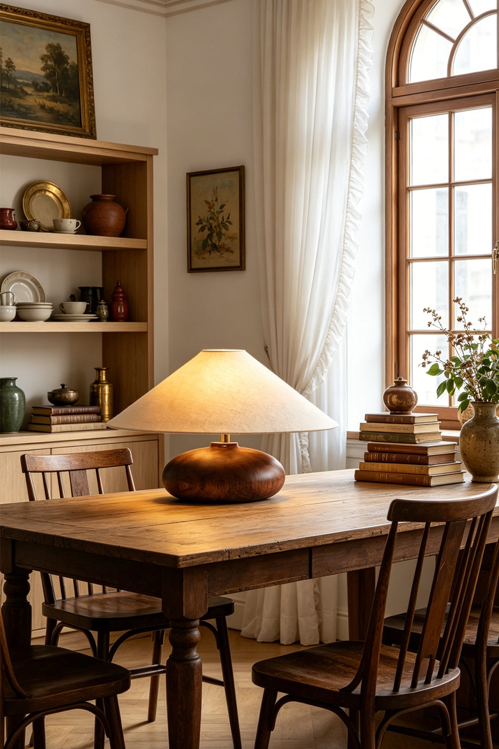 Sylvan Oval Walnut Table Lamp | Wood, Fabric, Metal | Illuminating a rustic wooden dining table surrounded by classic wooden chairs | Samu Lamp