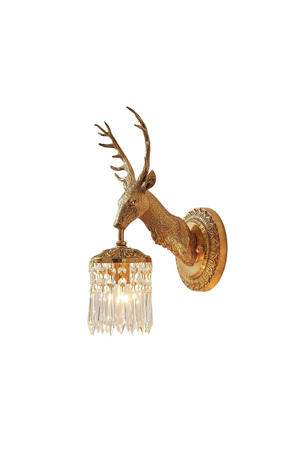 Sylvestre Cast Brass Stag Wall Sconce | Cast Brass and Crystal | Front full view on a pure white background, illuminated | Samu Lamp