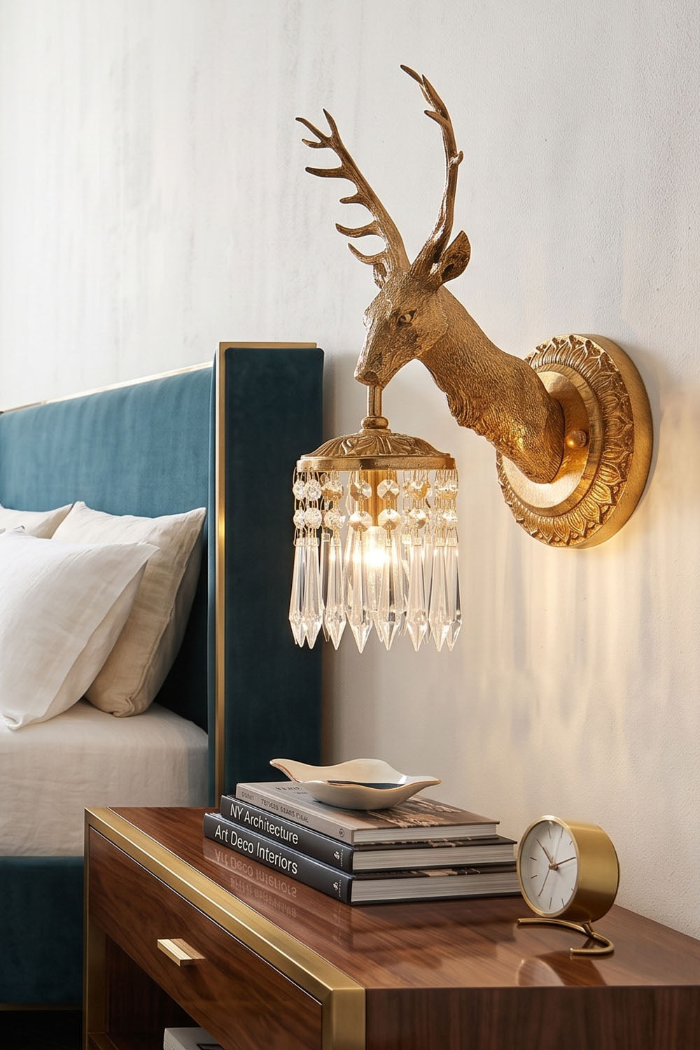 Sylvestre Cast Brass Stag Wall Sconce | Cast Brass and Crystal | Mounted on a wall beside a blue velvet bed over a nightstand | Samu Lamp