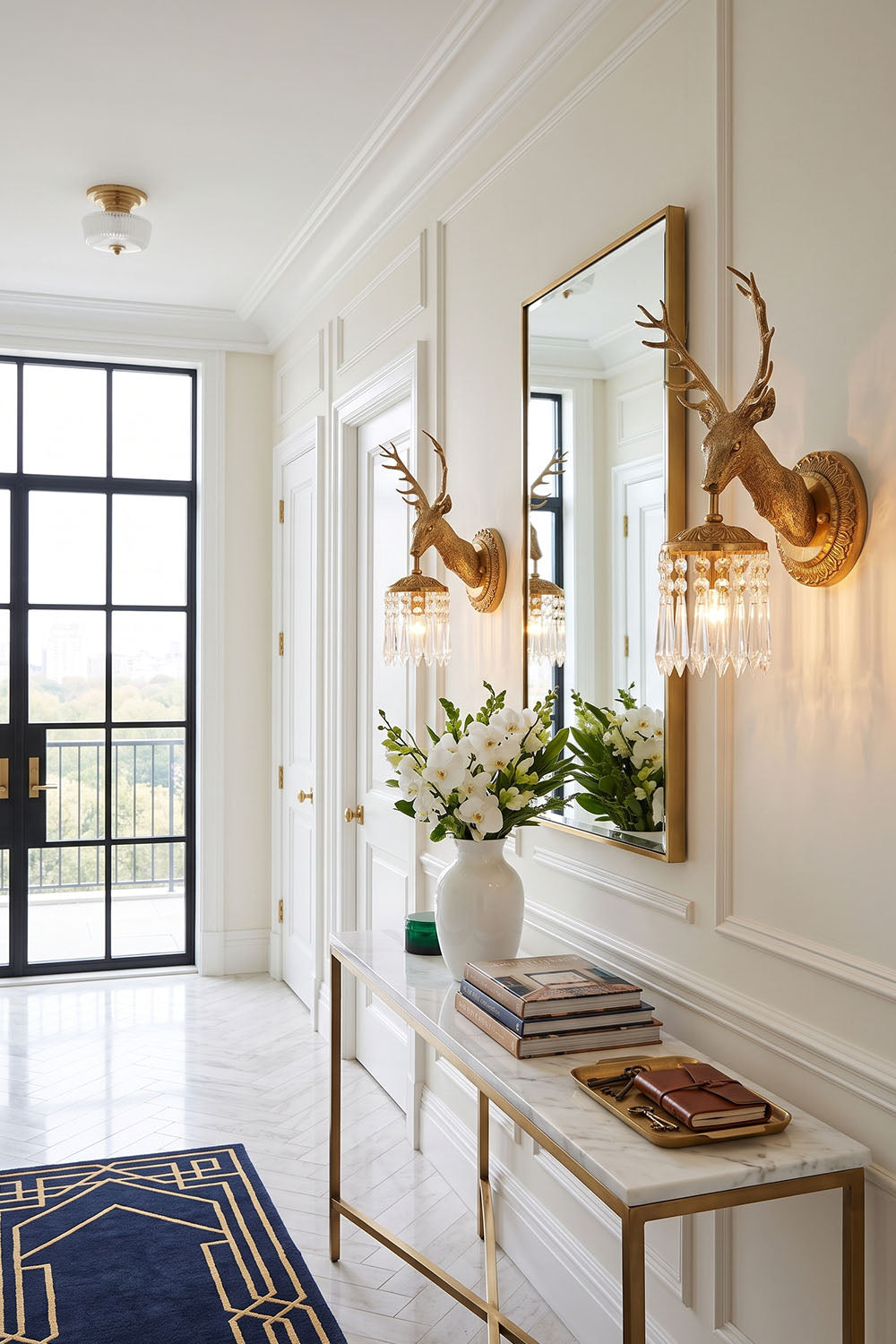 Sylvestre Cast Brass Stag Wall Sconce | Cast Brass and Crystal | Illuminating a bright hallway corridor over a white console table | Samu Lamp