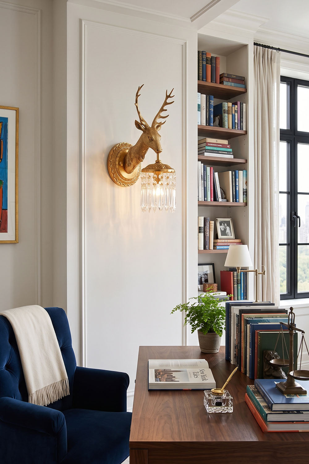 Sylvestre Cast Brass Stag Wall Sconce | Cast Brass and Crystal | Displayed in a classic home office near a blue armchair and bookshelves | Samu Lamp