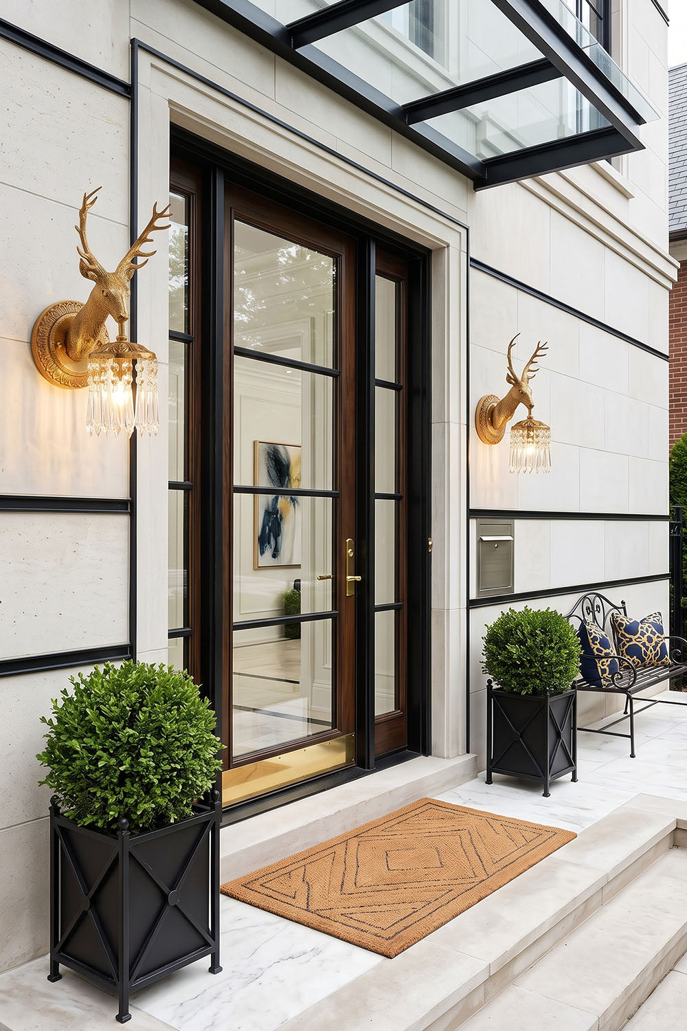 Sylvestre Cast Brass Stag Wall Sconce | Cast Brass and Crystal | Flanking an elegant glass front door in a covered entryway | Samu Lamp