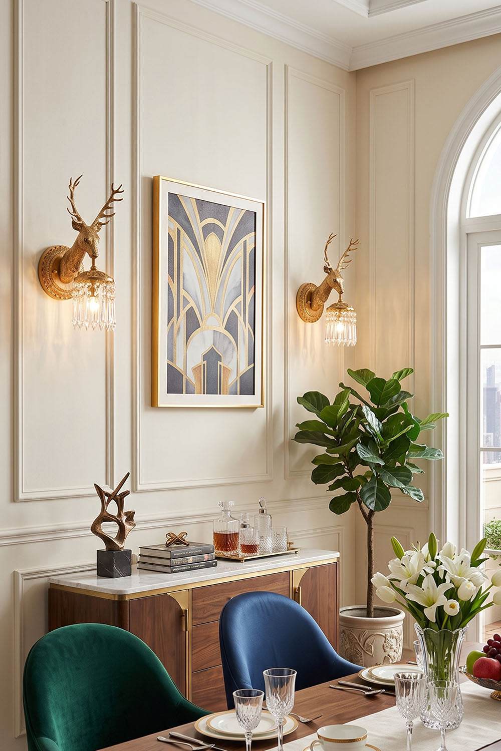 Sylvestre Cast Brass Stag Wall Sconce | Cast Brass and Crystal | Decorating a dining room wall above a wooden cabinet with green chairs | Samu Lamp