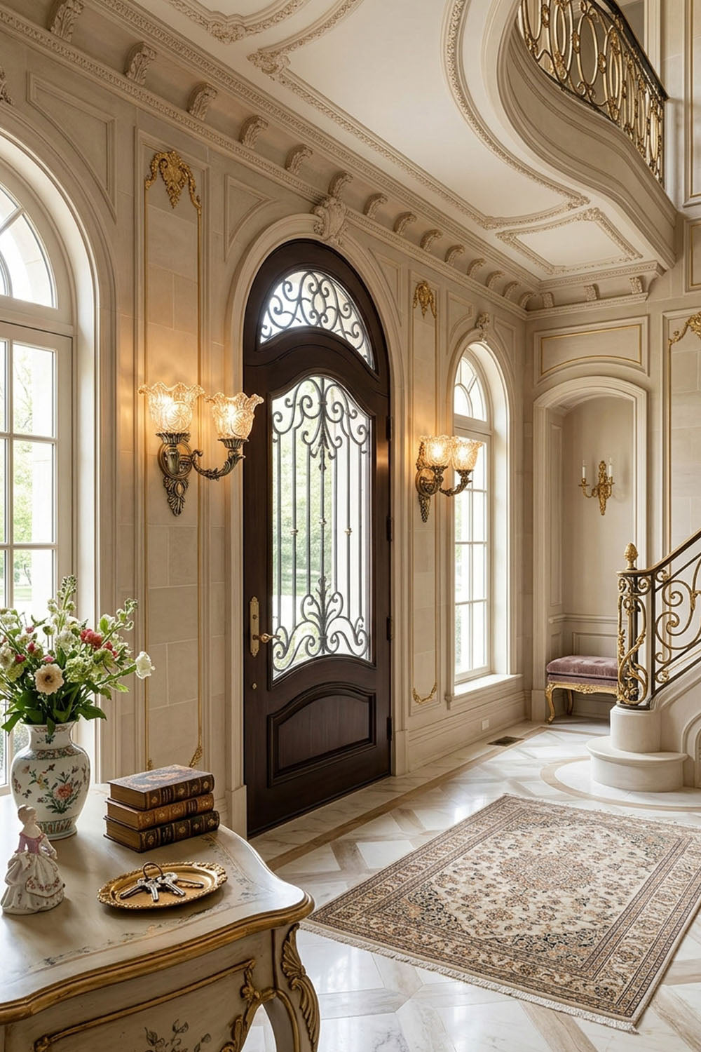 Elegant entryway with Sylvestre Petal Glass Brass Wall Lamp illuminating the space and highlighting classic decor.