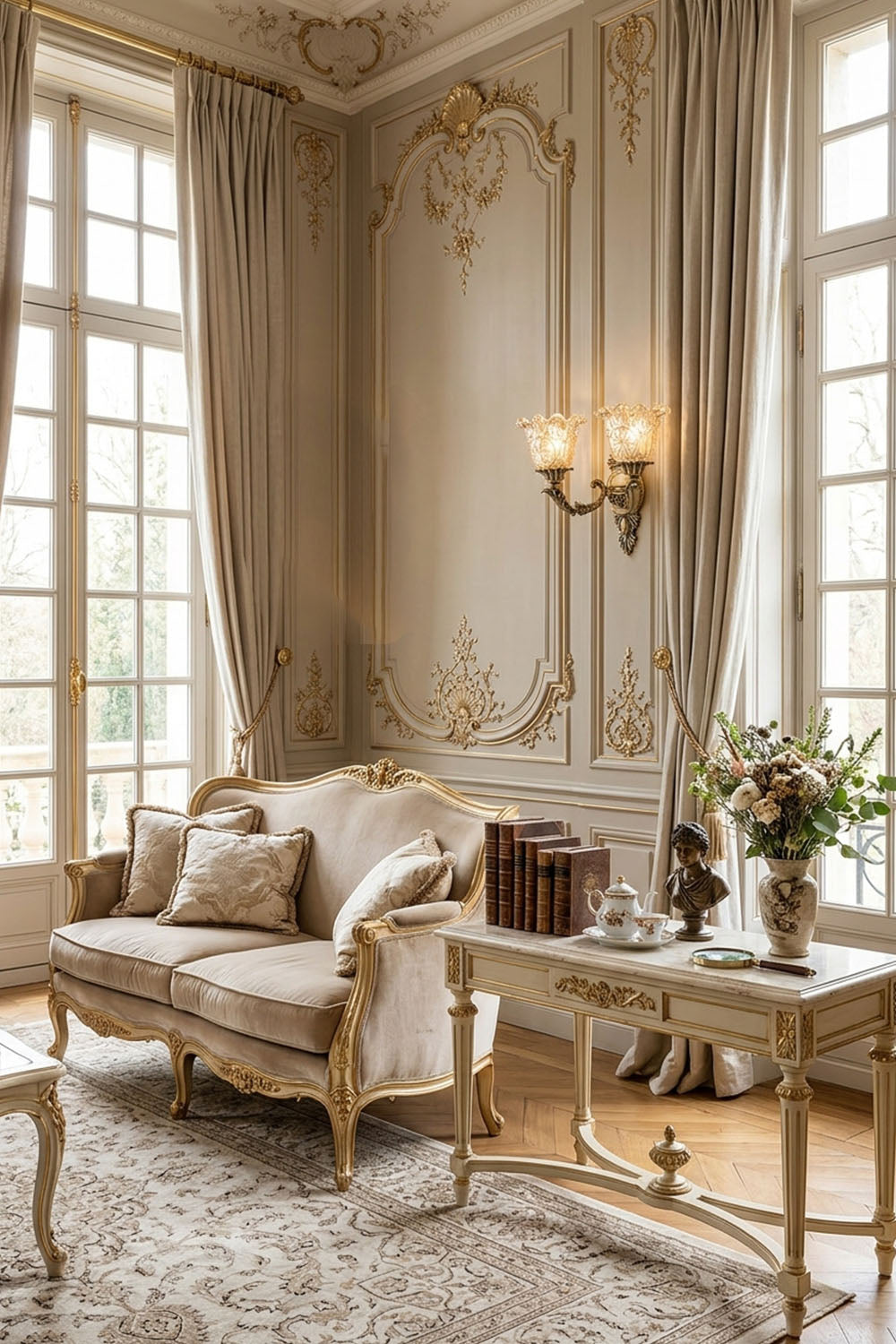 Elegant interior featuring a Sylvestre Petal Glass Brass Wall Lamp, vintage sofa, and a decorative table with flowers.