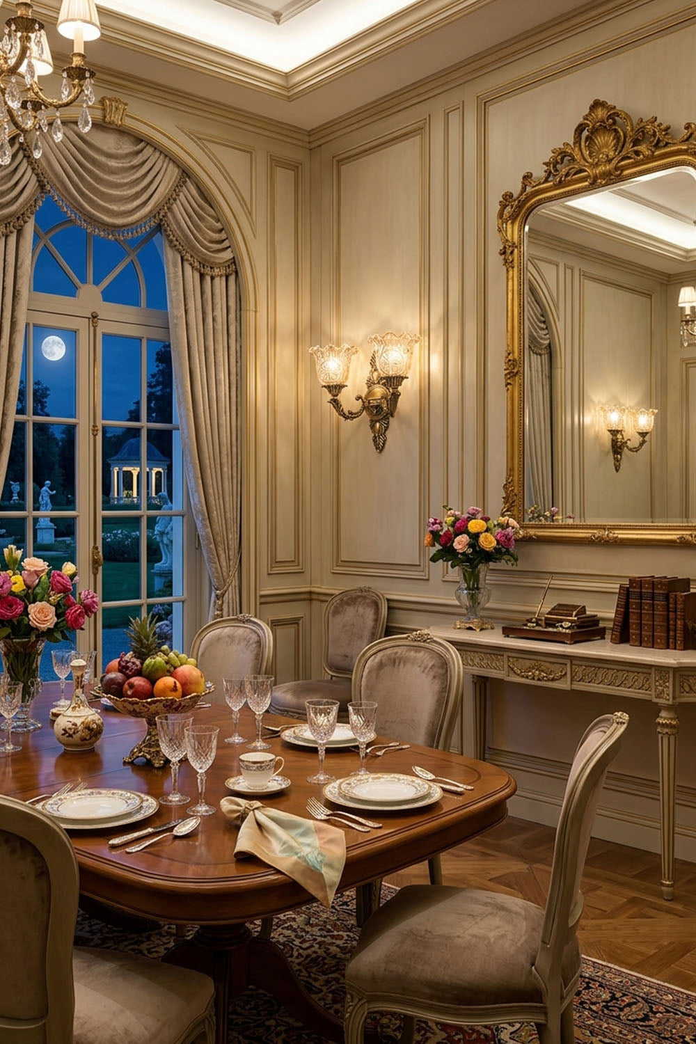 Elegant dining room featuring Sylvestre Petal Glass Brass Wall Lamp, ornate mirror, floral arrangements, and fine dining setup.