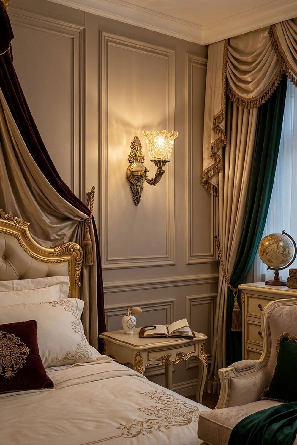 Elegant bedroom featuring the Sylvestre Petal Glass Brass Wall Lamp illuminating the sophisticated decor.