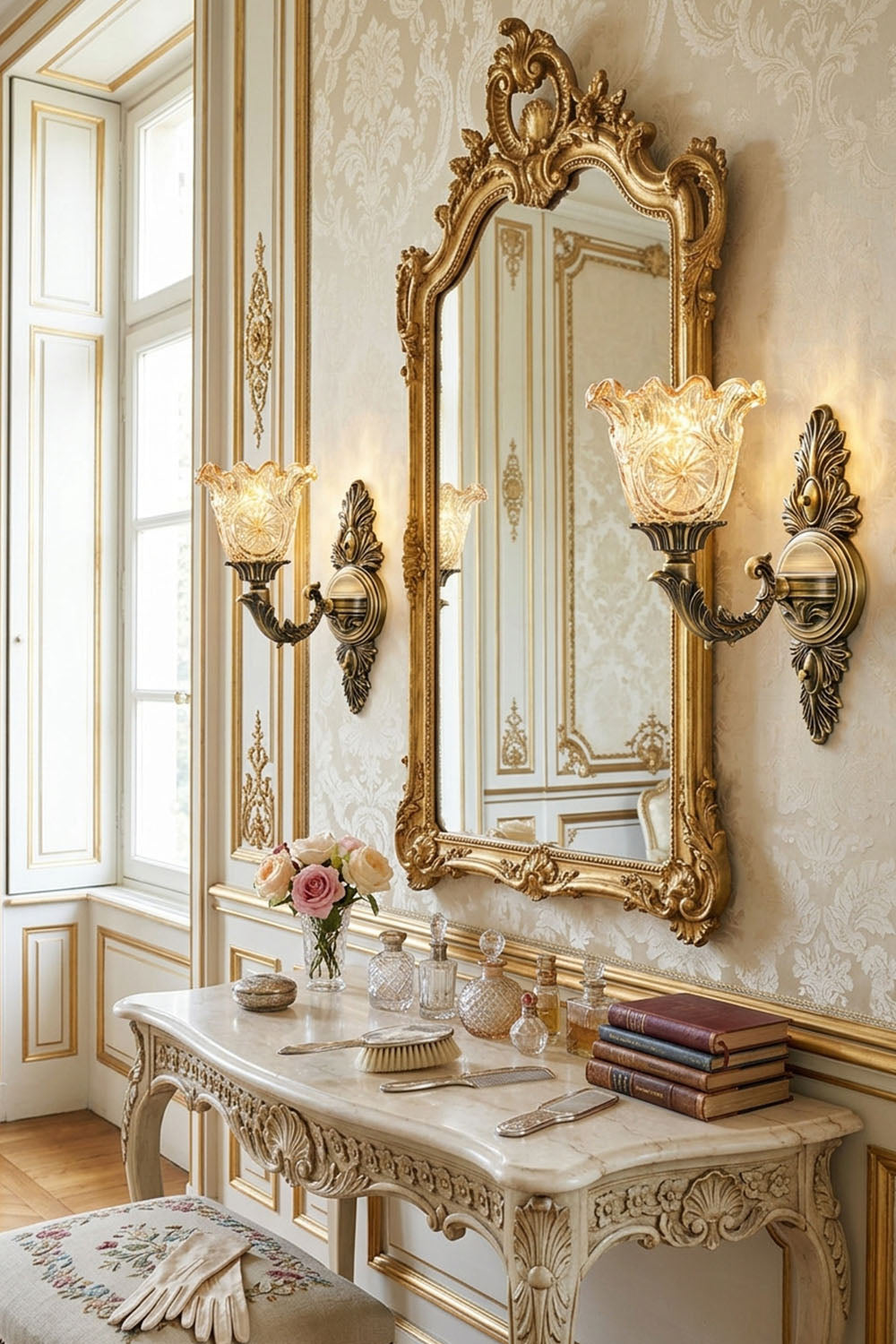 Elegant interior featuring Sylvestre Petal Glass Brass Wall Lamp beside a vintage mirror and decorative table.