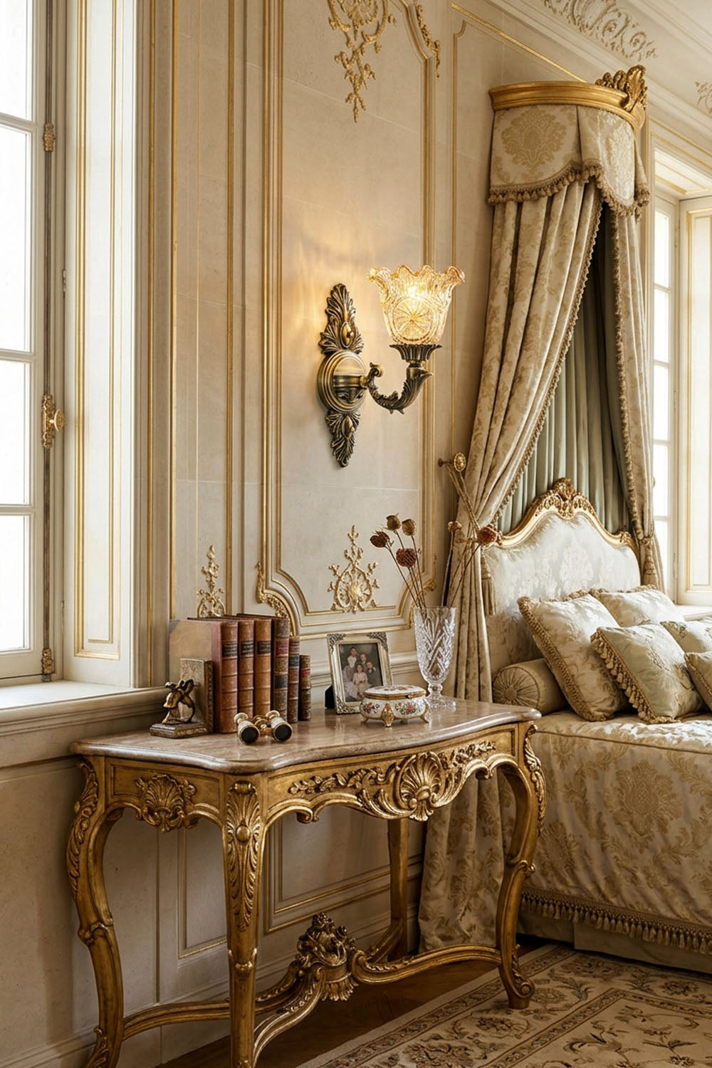 Sylvestre Petal Glass Brass Wall Lamp illuminating an elegant room with opulent decor.
